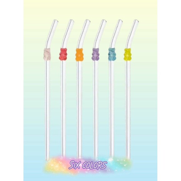 NEW! Six Glass Gummy Bear Icon Drinking Straws Multicolor Rainbow Reusable Brush - Picture 3 of 6